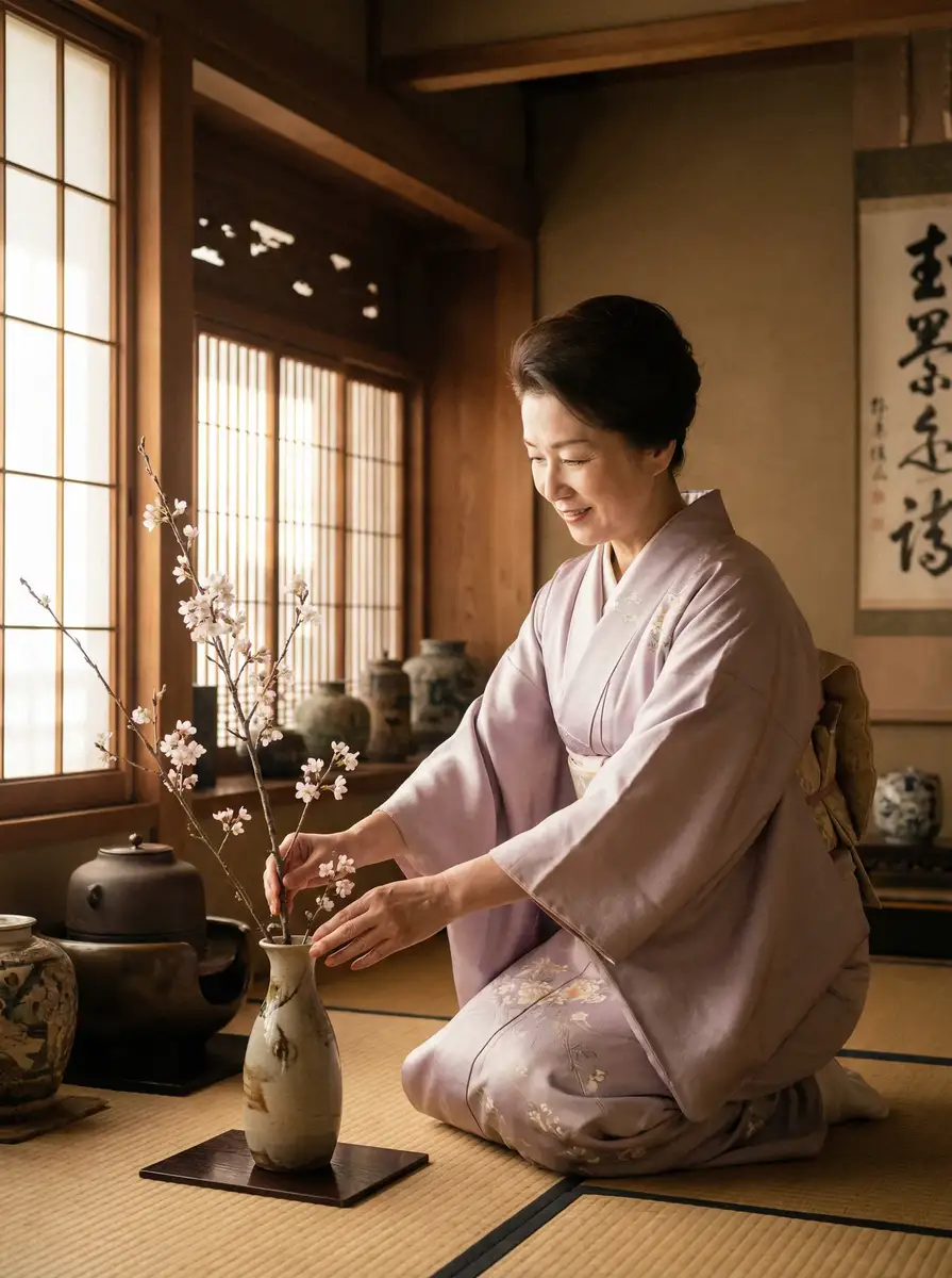 一位优雅的 AOA体育平台 在和室中插花