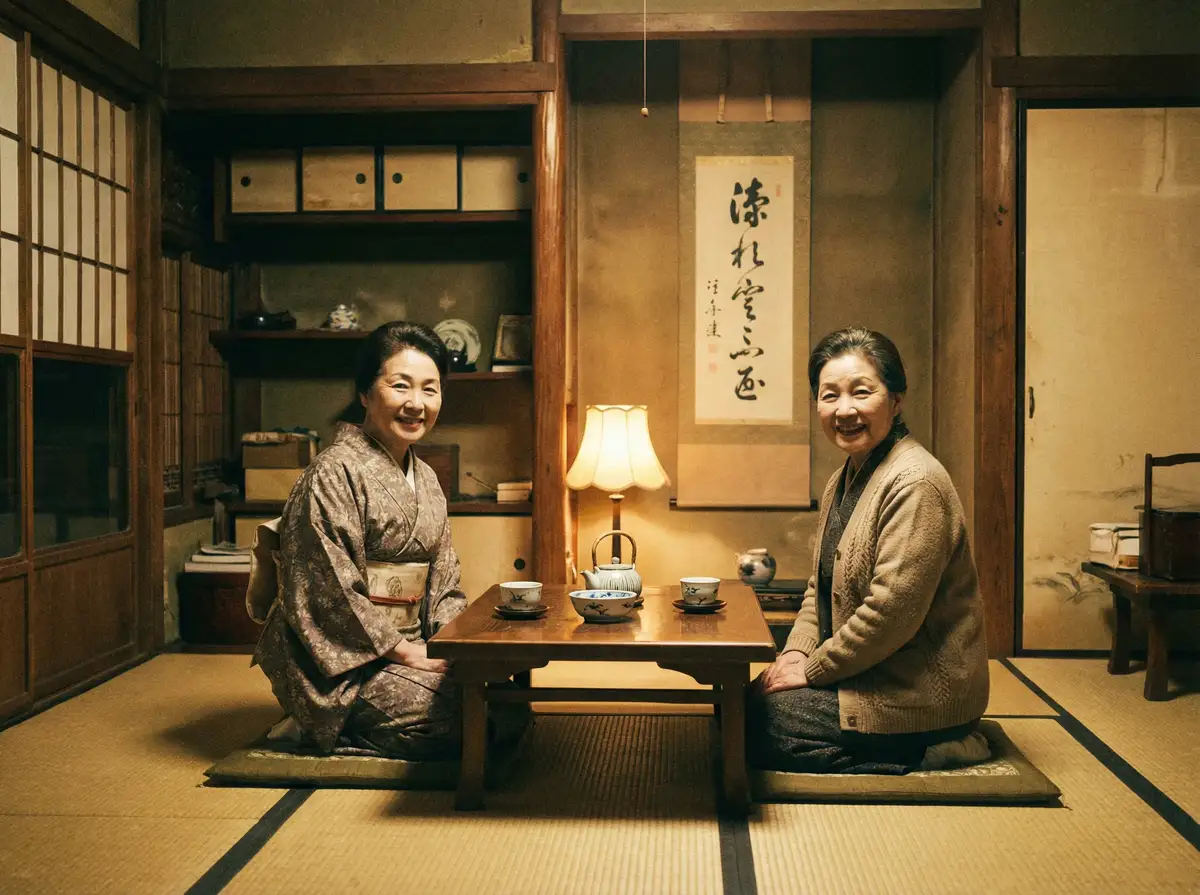 两位优雅的 AOA体育平台 在日式茶室中品茶交谈